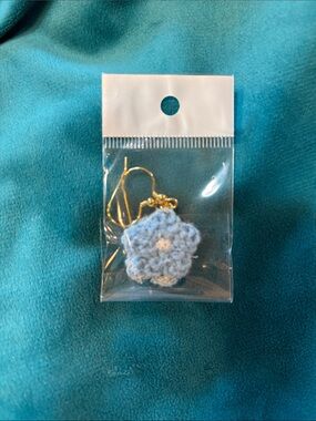 Handwoven Light Blue Crochet Flower Drop Earrings - Gold Hooks